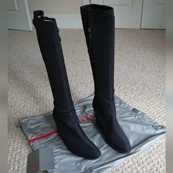 Prada black silk Radzmire fabric sporty knee high wedge boots size 6