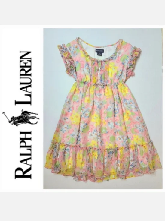 Ralph Lauren Ruffled Chiffon Dress Short Sleeve Pink/yellow Floral Sz 10