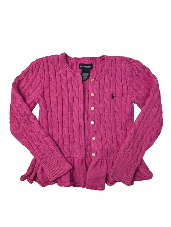 Ralph Lauren Girls Hot Pink Cable Knit Peplum Cardigan Sweater Size 6