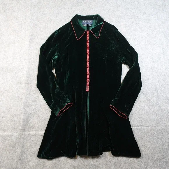 VTG Ralph Lauren Dress Girls 12 Velvet Dark Green Red Trim Long Sleeve‎ Holiday