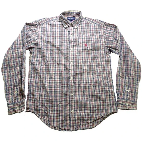 Ralph Lauren Boys Large 16/18 Plaid Button Down Shirt Madras OCBD Cotton LS Pony
