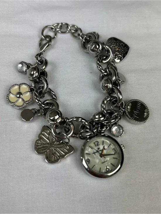 Hallmark Silver-Tone “Mom” Charm Bracelet Watch with Cream Flower