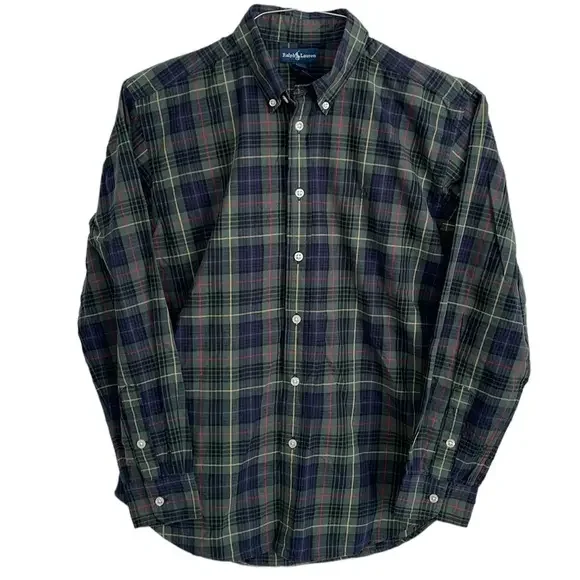 Ralph Lauren Vintage boys Large (16/18) forest green & navy blue plaid‎ shirt.