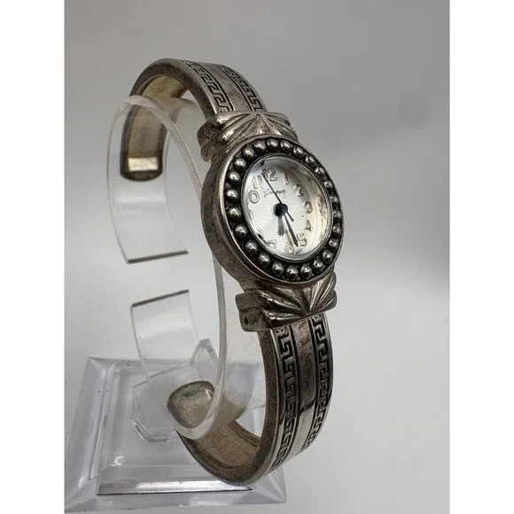 Geneva Cuff Bangle Watch No 6053 Silver Tone Greek Key Japan Movt