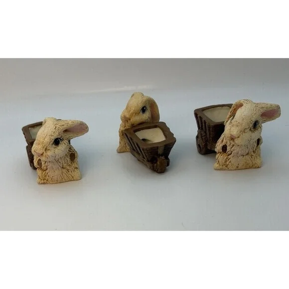 Lot of Three Rabbit Figurines Stone Resin‎ Ceramic Brown Tan Small Wheelbarrow