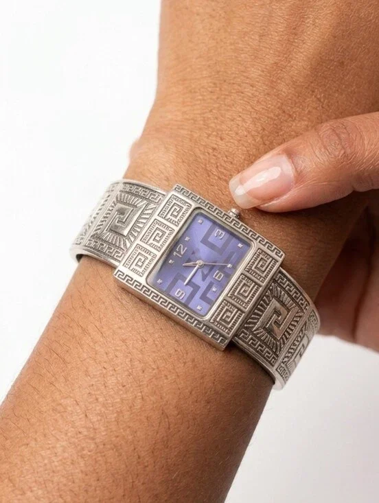 Kelly Stone Vintage Greek Key Pattern Silver Open Cuff Watch Square Purple Face