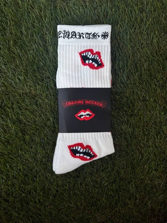 Chrome Hearts White Crew Socks with Red & Black Lip Design