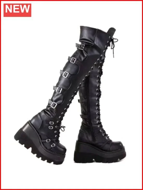 Platform Over Knee Thigh High Boots Chunky Heel Buckle Side Zip Faux Leather
