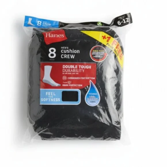 Men's Hanes 8 Pack Crew Socks With FreshIQ Advance Odor Protection Black 6-12