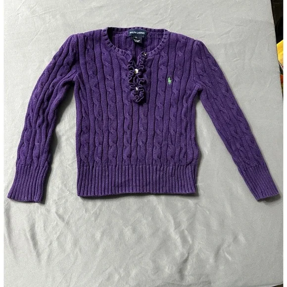 Ralph Lauren Kids Purple Cable Knit Ruffle Button‎ Sweater Size 5