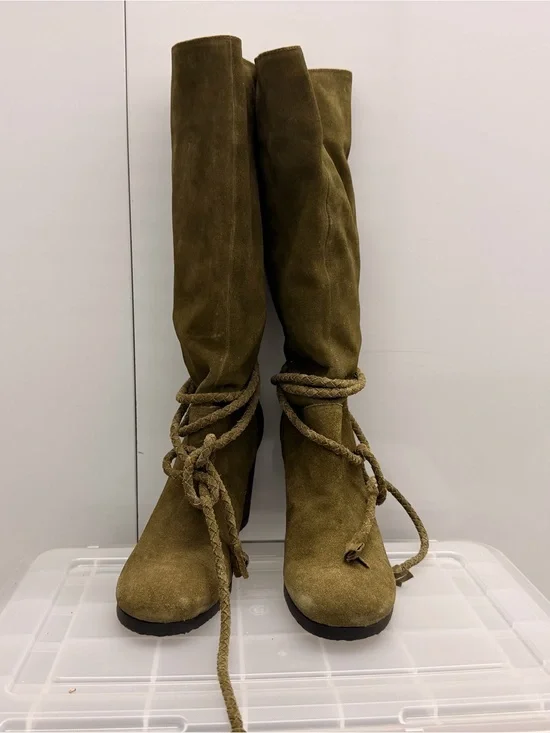 Gianni Bini Olive Suede At-the-Knee Lace-Up Boots