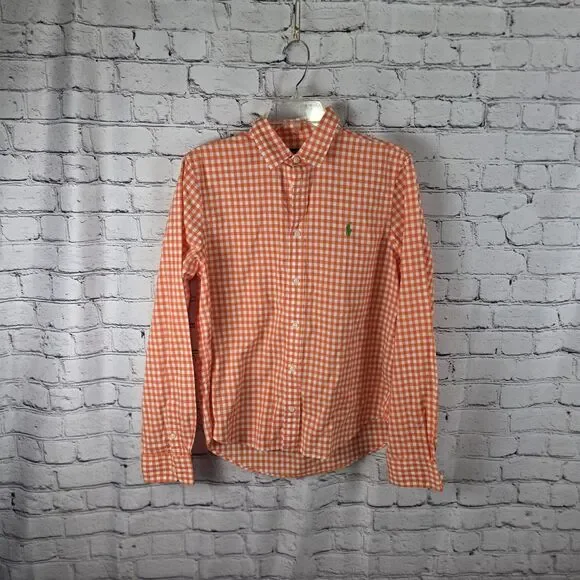 Ralph Lauren Orange Long Sleeve Gingham Check Button Up Shirt Size L (14-16)