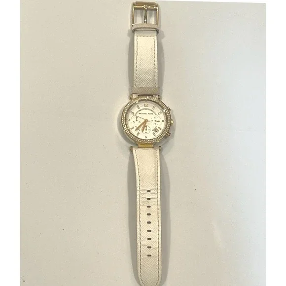 Michael Kors Parker MK-2290 Gold Tone White Leather Crystal Chronograph‎ Watch