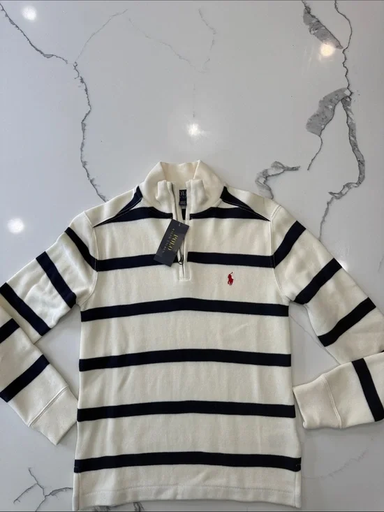Ralph Lauren Men’s Cream & Navy Striped Zip-Up Sweater