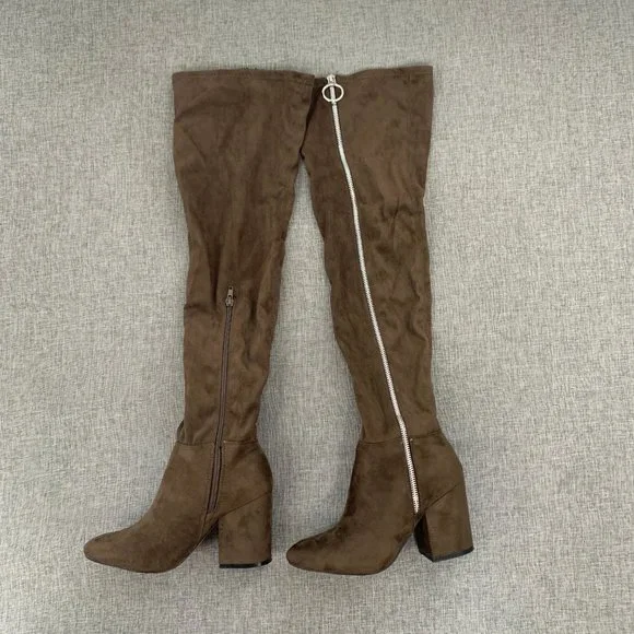 Shoe Dazzle Over‎ The Knee Sexy Suede Boots Brown Zipper Block 3.25