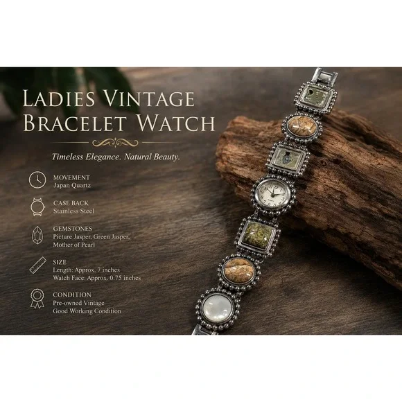 Vintage Mixed Stone Panel Bracelet Watch Silver Tone Japan‎ Quartz Boho Style