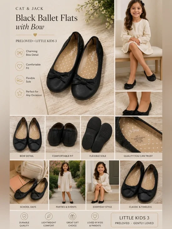 Cat & Jack Black Ballet Flats with Bow Preloved Little Kids 3‎