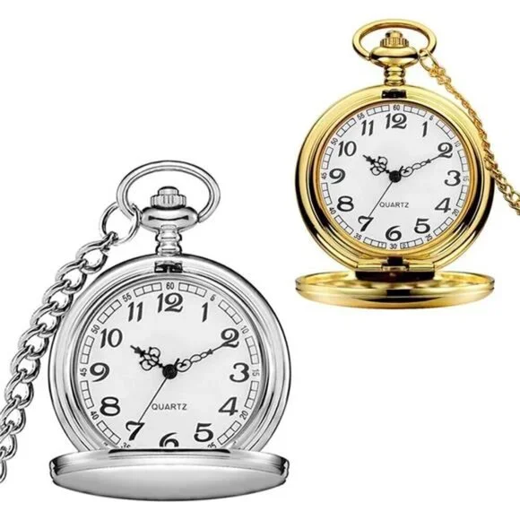 Vintage Quartz Pocket Watch Set – Silver & Gold with Chain Men Or Women