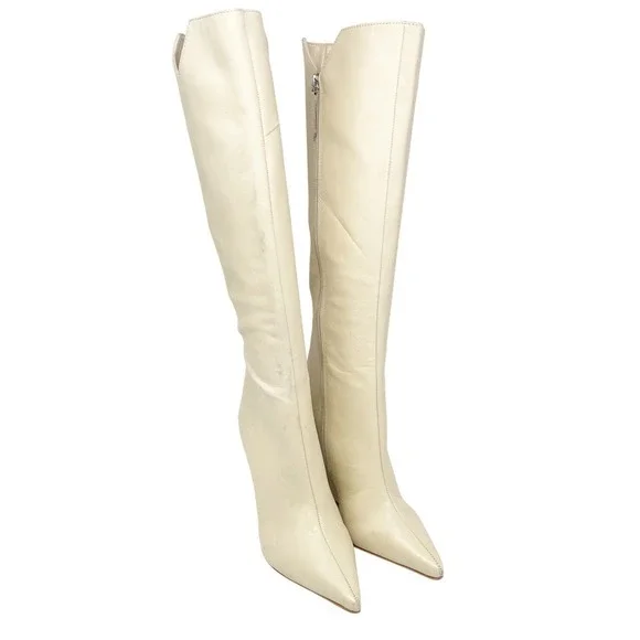 Schutz Women's Asya Up Cut Eggshell Leather Pointed‎ Toe Wedge Boots Size 5B