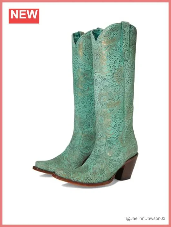 Corral Boots Womens Floral Snip Toe Pull On Over the Knee High Heel Leather