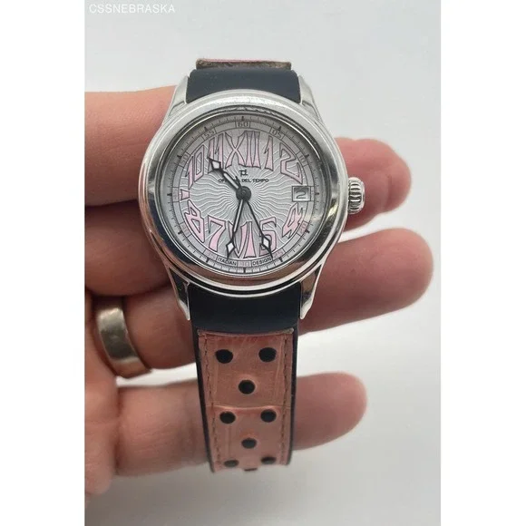 Genuine Officina‎ Del Tempo Pink Women's Watch Leather Black Rubber Band Date