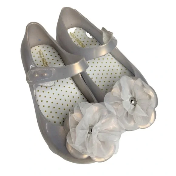 Mini Melissa Silver Mary Jane Jelly Flats Floral Applique Girls Toddler Size 11