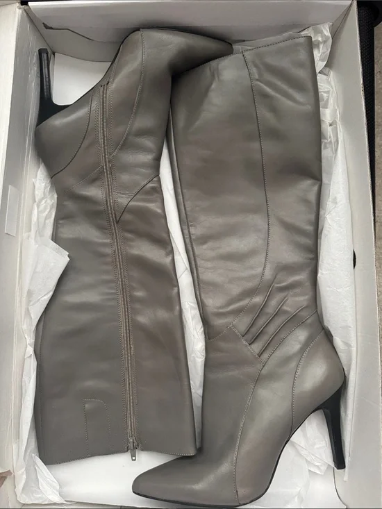 Nine West Gray Over-the-Knee Pointed-Toe Leather Boots