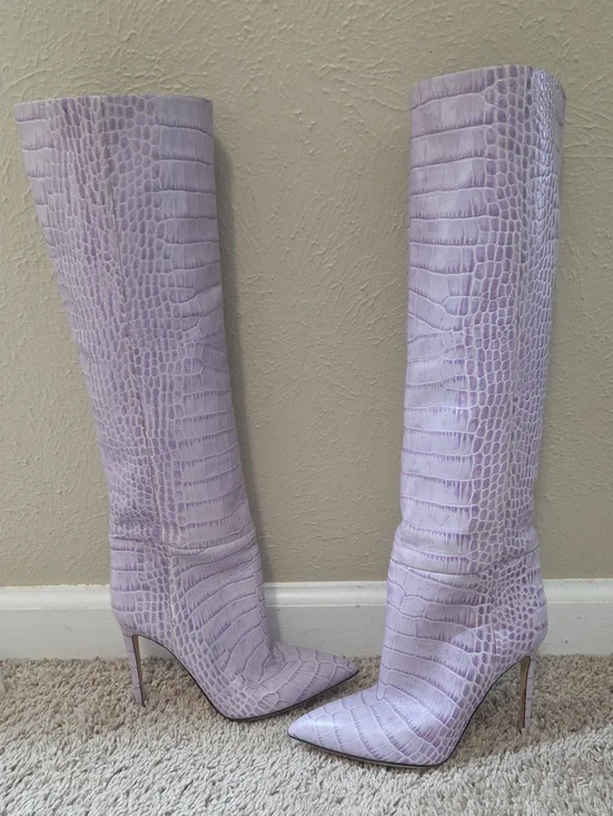 NWOT Paris Texas Lilac Croc-Embossed Knee-High Stiletto Boots - Women, $1,895.00