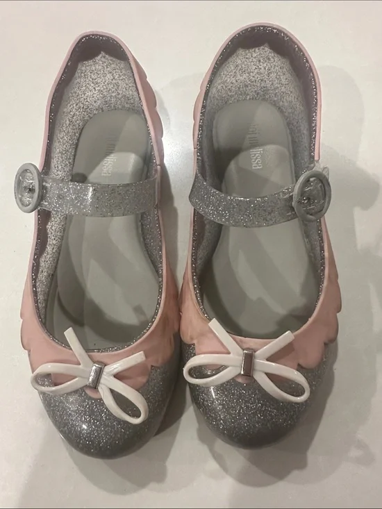 Mini Melissa Pink and Silver Glitter Mary Janes with Bow