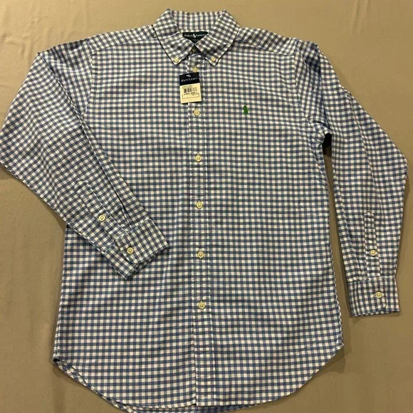 Ralph Lauren Boys Blue Gingham Button Down Shirt L 14-16 Cotton Long Sleeve