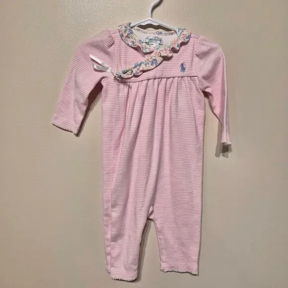 Ralph Lauren 6 Month Striped Cotton Coverall Baby Girl Pink Ruffles