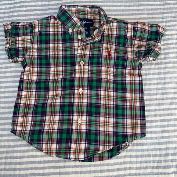 Ralph Lauren Boys 18M Green Plaid Short‎ Sleeve Button Down Shirt 320059053