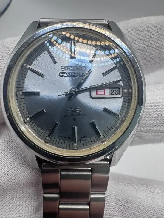 Vintage SEIKO 5 ACTUS SS 6106-7510 Ice Blue 25J Automatic Day-Date