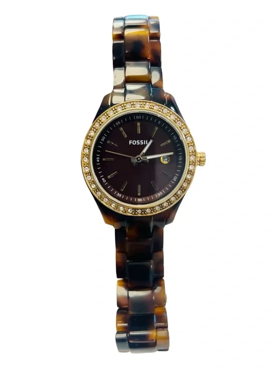 Fossil Mini Stella ES2922 Tortoise Resin Crystal Gold Tone Watch New Battery