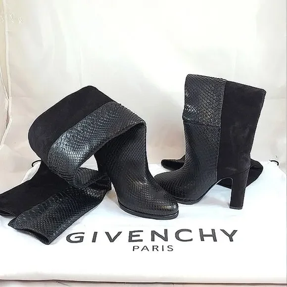 NWT$2995 Givenchy Black Mayfair Suede Snakeskin Leather High Knee Boots Sz 36, 6