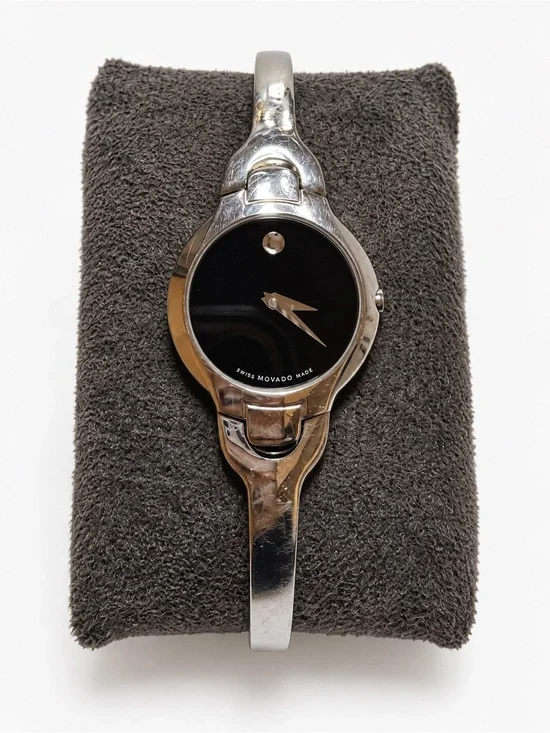 Movado Black Dial Silver Tone Bangle Watch