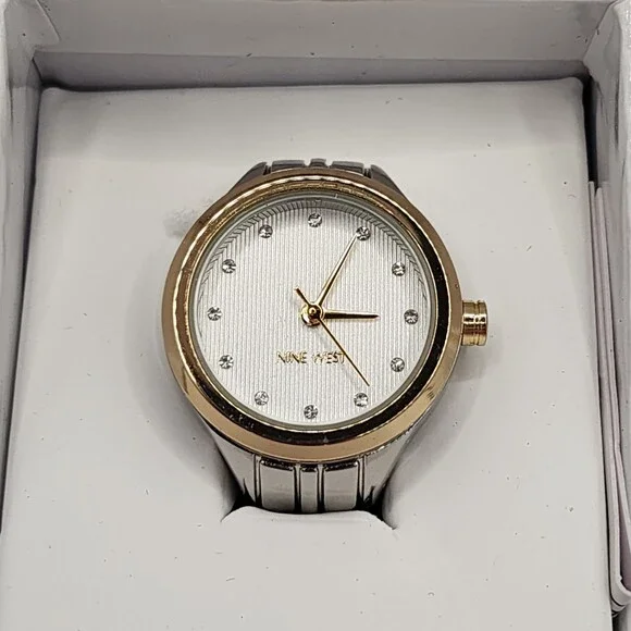 Nine West Genuine Crystal Accented Two Tone Round Face Expansion Band Ring Watch