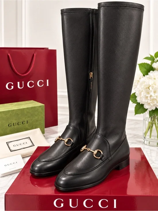Gucci Black Leather Jordan Over-The-Knee Horsebit Boots with Gold Hardware