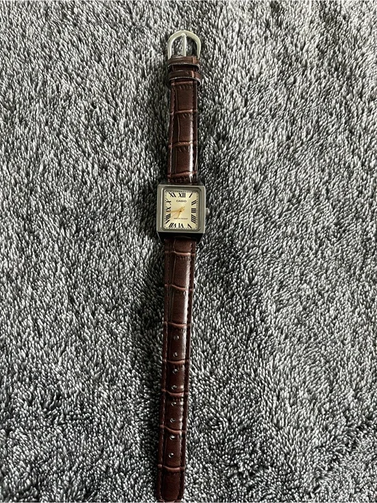 Casio Brown Leather Strap Watch with Silver-Tone Square Case and Cream Dial
