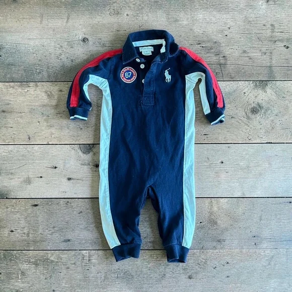 Ralph Lauren Baby Boy Navy Blue Polo Romper One Piece 9M 67 Patch Striped
