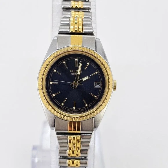 VTG Pulsar Women's Watch 24MM Black Dial Two Tone Stretch Band 5.75