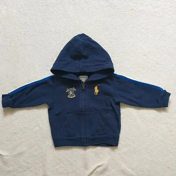 Ralph Lauren Sweatshirt Hoodie Baby Boys 6M Navy Blue Big Pony Triple Stripe