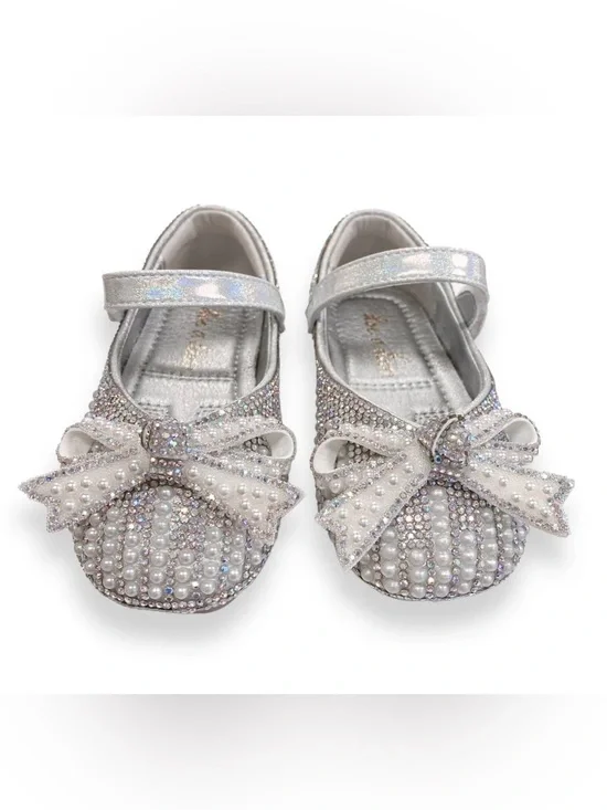 Doe A Dear Girls Silver Pearls and Rhinestones Bows Mary Jane Shoes 22/6 NWT