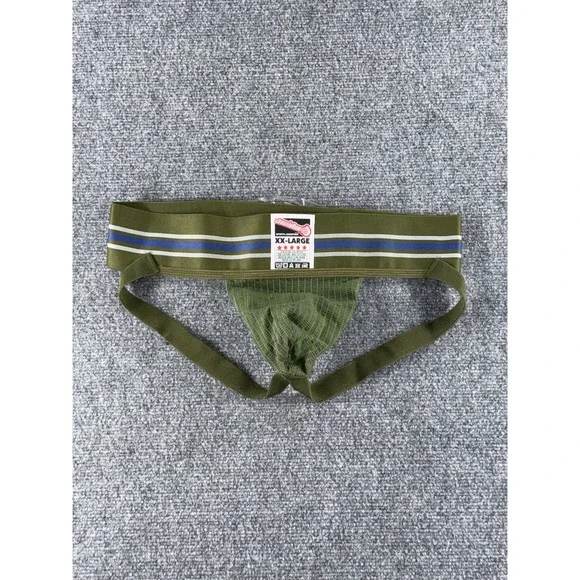 AussieBum Sports Jockstrap Olive Green Mesh Pouch XXL Blue White Stripe Band