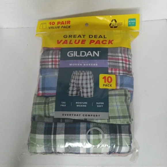 10-Pair GILDAN Men's XL Classic Woven Boxers Shorts‎ Underwear Tag Free Plaid