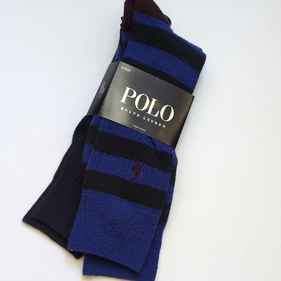 NWT Polo Ralph‎ Lauren 2 Pair Mens Socks - Black Blue Striped Maroon Logo Cotton