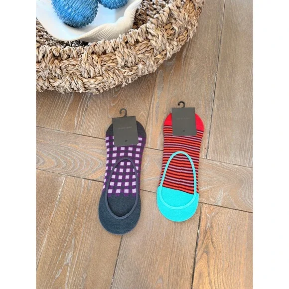 Jared Lang No Show Socks Mens Multicolor Gingham Striped 2‎ Pair Pack OS