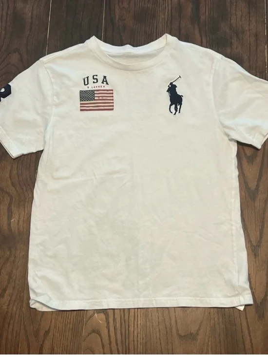 Ralph Lauren boys White Polo USA Flag Short Sleeve T-Shirt size 14-16