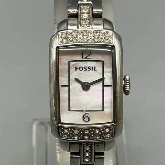 Fossil Womens Watch 17mm White MOP Dial Silver Tone Crystal New Battery 6.5