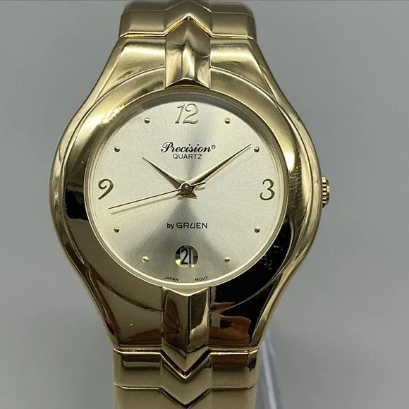 Gruen Precision Mens Watch 38mm Champagne Dial Gold Tone New Battery 7.5